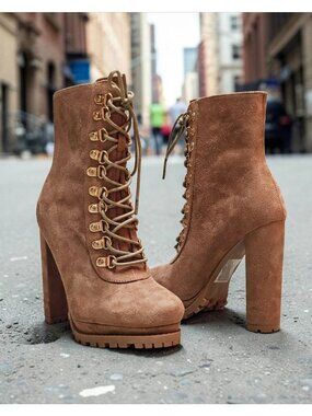 Faux Suede Lace-Up High Heel Platform Boots Taupe Womens Size 6.5